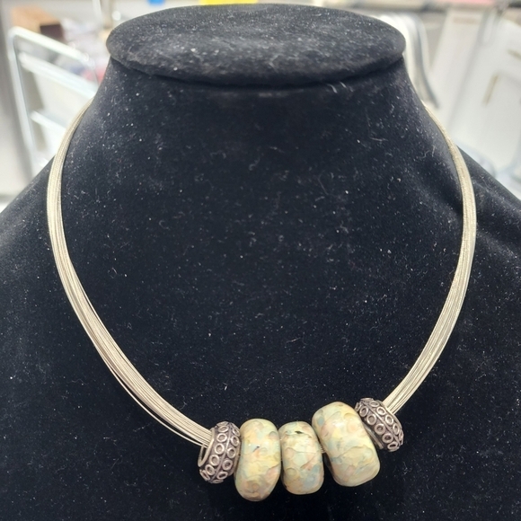 Sterling Silver 925 Necklace with Chunky Stone Beads and Textured Spacers - Picture 11 of 15